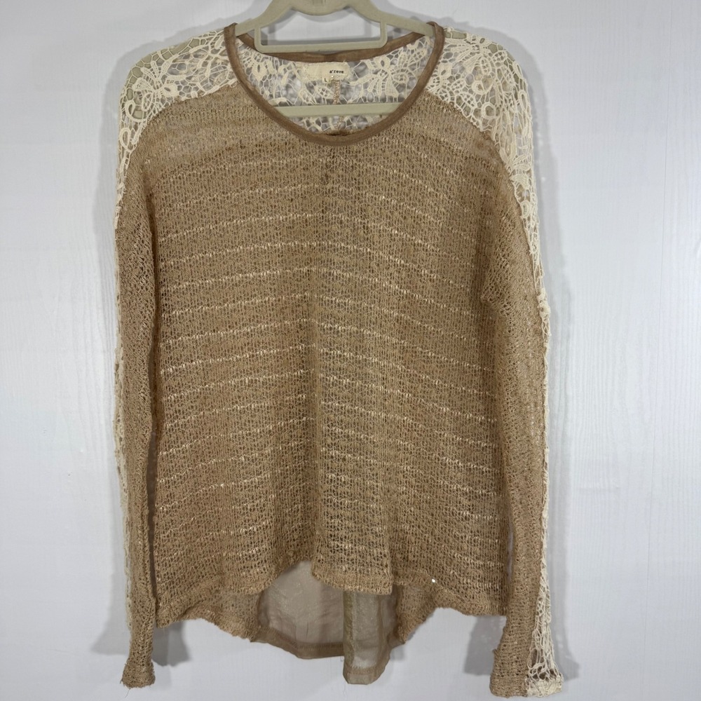 a'reve Womens L Lace Long Sleeve Boho‎ Knit Top Beige Brown Casual Pullover
